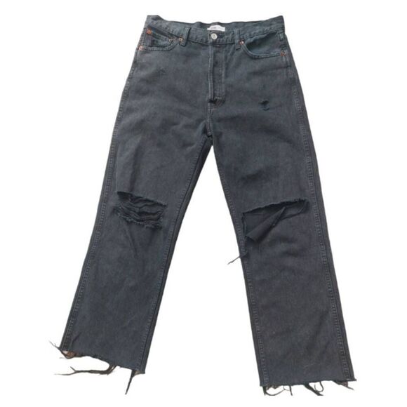 RE/DONE Originals High Rise Wide Leg Distressed Black Wash Cropped Jeans 90's si - Picture 3 of 10